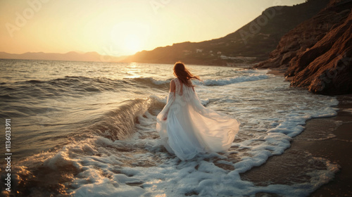 Serene woman in flowing dress walking along sunset beach waves