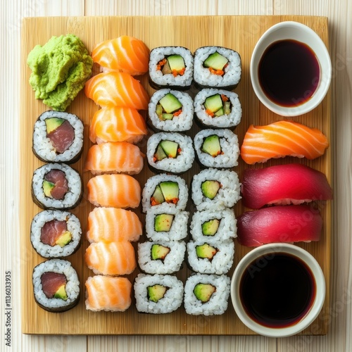A platter of assorted maki sushi rolls featuring California rolls, spicy tuna rolls, and salmon avocado rolls