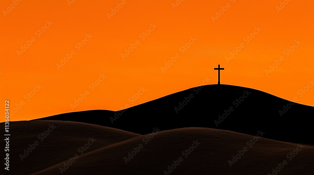 Silhouette of cross atop hill at sunset. Silhouette of cross atop hill at sunset.
