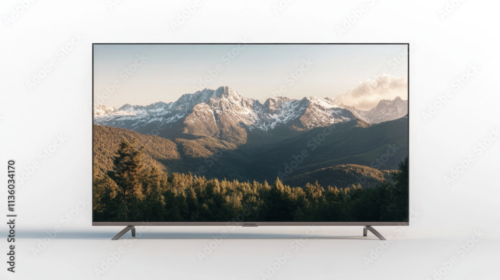 Fototapeta premium Flat screen tv displaying stunning mountain landscape with snow-capped peaks