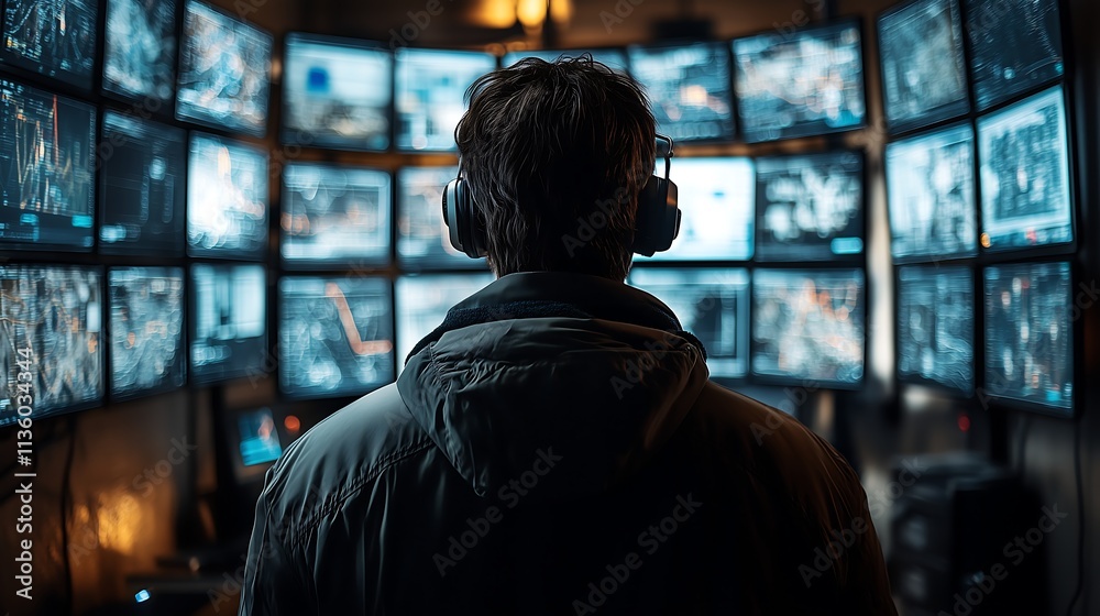 The Cyber Watchman: A lone figure, shrouded in shadow, monitors multiple screens, their face obscured, their focus unwavering. The image evokes a sense of secrecy, vigilance. The Cyber Watchman: A lone figure, shrouded in shadow, monitors multiple screens, their face obscured, their focus unwavering. The image evokes a sense of secrecy, vigilance.