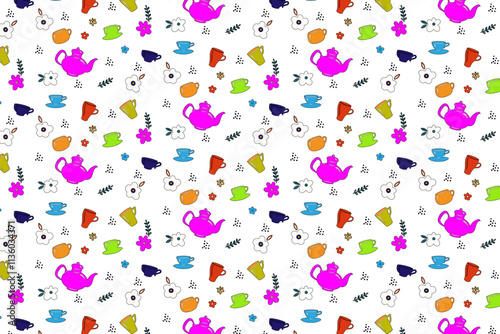 Seamless pattern. Children's drawing. Cups, teapot, kitchen. Background. Illustration. Flyer background design, advertising background, fabric, clothes, texture, textile pattern