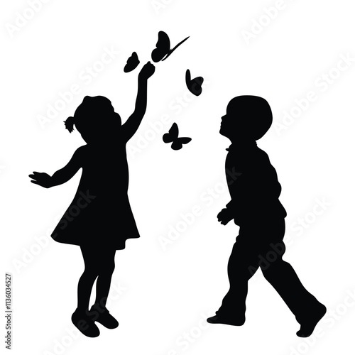Children chasing butterflies black and white silhouette