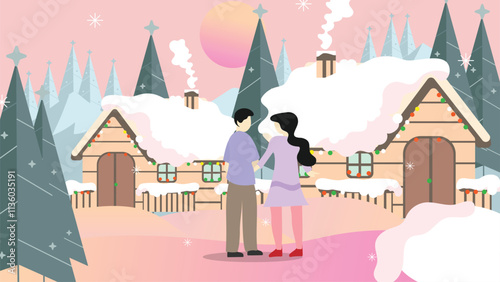 Christmas background concept with family or couple, winter wooden hut with smoke, pine trees and decoration. Beautiful holiday landscape vector illustration.