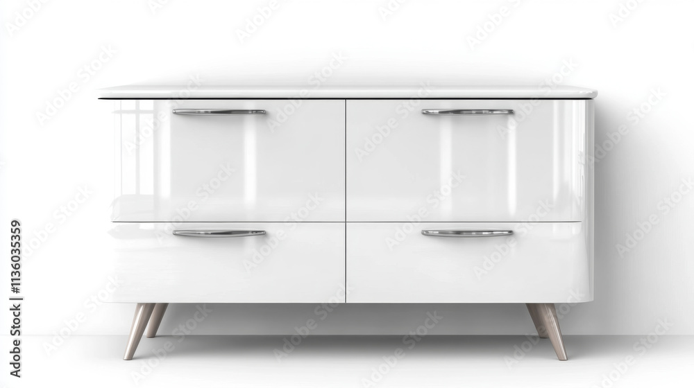 Modern white glossy cabinet with sleek metallic handles and minimalist design Modern white glossy cabinet with sleek metallic handles and minimalist design