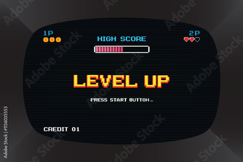 LEVEL UP. pixel art .8 bit game. Retro arcade game machine. Screen background. Vector illustration.