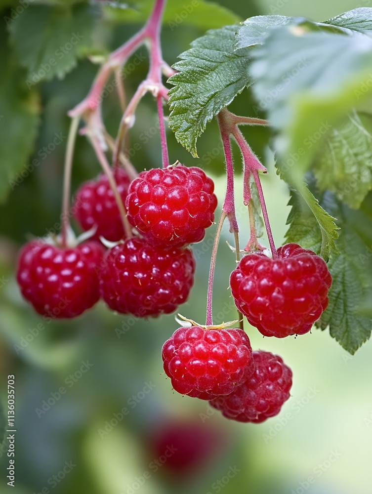 Fresh Ripe Red Raspberries on Lush Green Bush Close Up in Summer : Generative AI Fresh Ripe Red Raspberries on Lush Green Bush Close Up in Summer : Generative AI