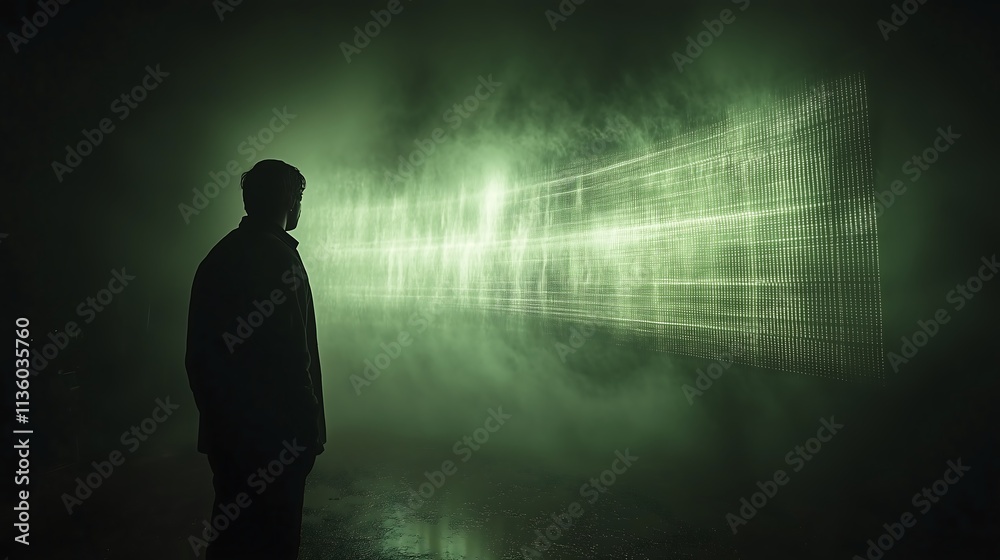Into the Unknown: A solitary figure stands silhouetted against a backdrop of eerie, green mist. The silhouette is framed by a shimmering light, creating an atmosphere of mystery and anticipation. Into the Unknown: A solitary figure stands silhouetted against a backdrop of eerie, green mist. The silhouette is framed by a shimmering light, creating an atmosphere of mystery and anticipation.