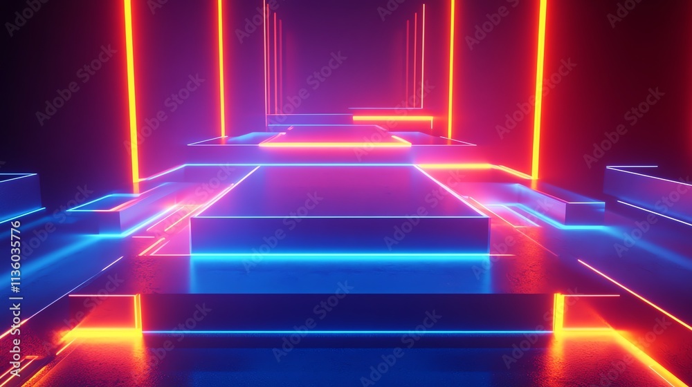 A 3D rendering of a futuristic neon-lit hallway with a large platform in the center. A 3D rendering of a futuristic neon-lit hallway with a large platform in the center.