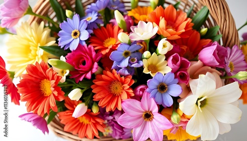 there is a basket of colorful flowers sitting on a table.