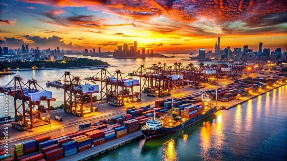 Naklejka premium Aerial View of Busy Harbor Facilities with Container Ships, Cranes, and Docked Vessels at Sunset, Showcasing Maritime Logistics and Industrial Operations in a Coastal City