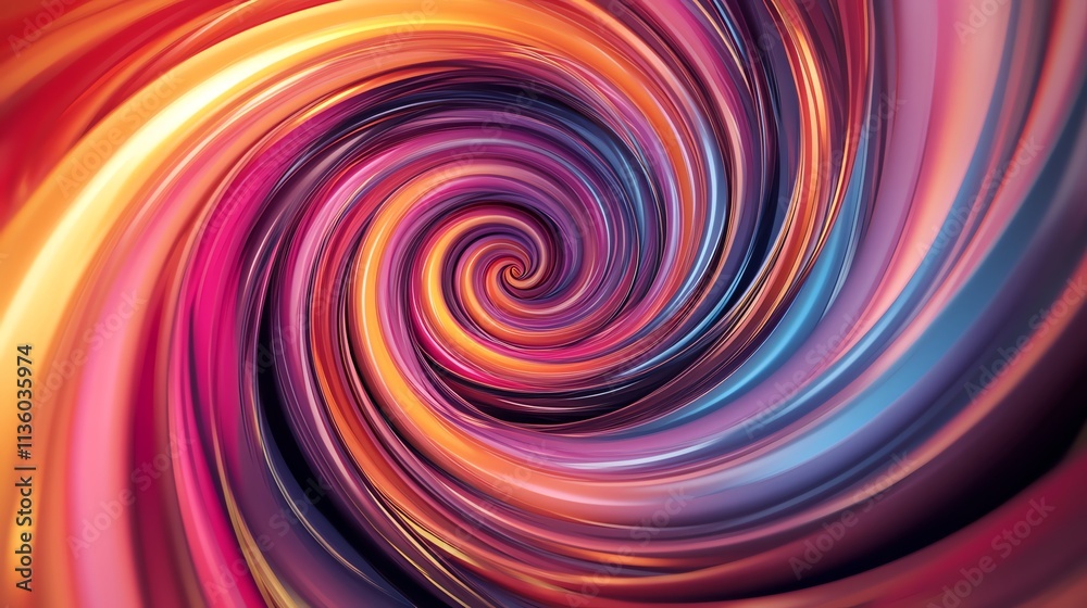 An abstract image of a colorful spiral, appearing to be made of curved lines and a blend of yellow, orange, pink and blue.