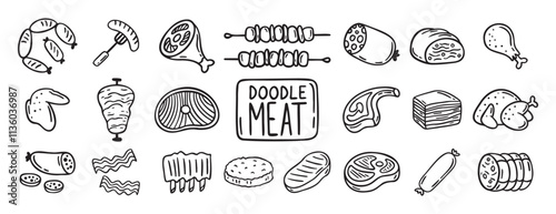 meat, pieces of meat and meat products doodle hand drawn icon set. Outline drawing meat products line clipart symbol collection