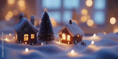 Snowy village scene with a cozy cottage, glowing Christmas tree, and candlelit pathways under a magical winter night photo