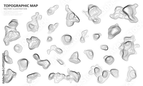 Set of geographic contour map elements with wavy geometric texture. Topographic map. Vector elevation lines with terrain patterns. photo