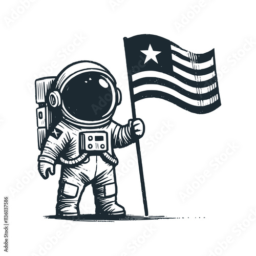 Cute astronaut hold a Liberia flag. Black white vector. Icon and logo illustration.	