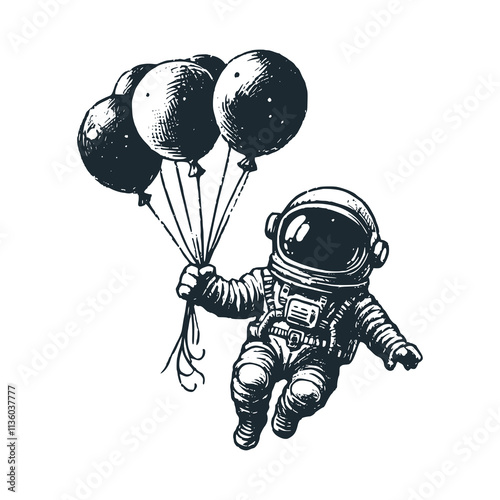 Cute astronaut hold a balloon. Black white vector. Icon and logo illustration.	