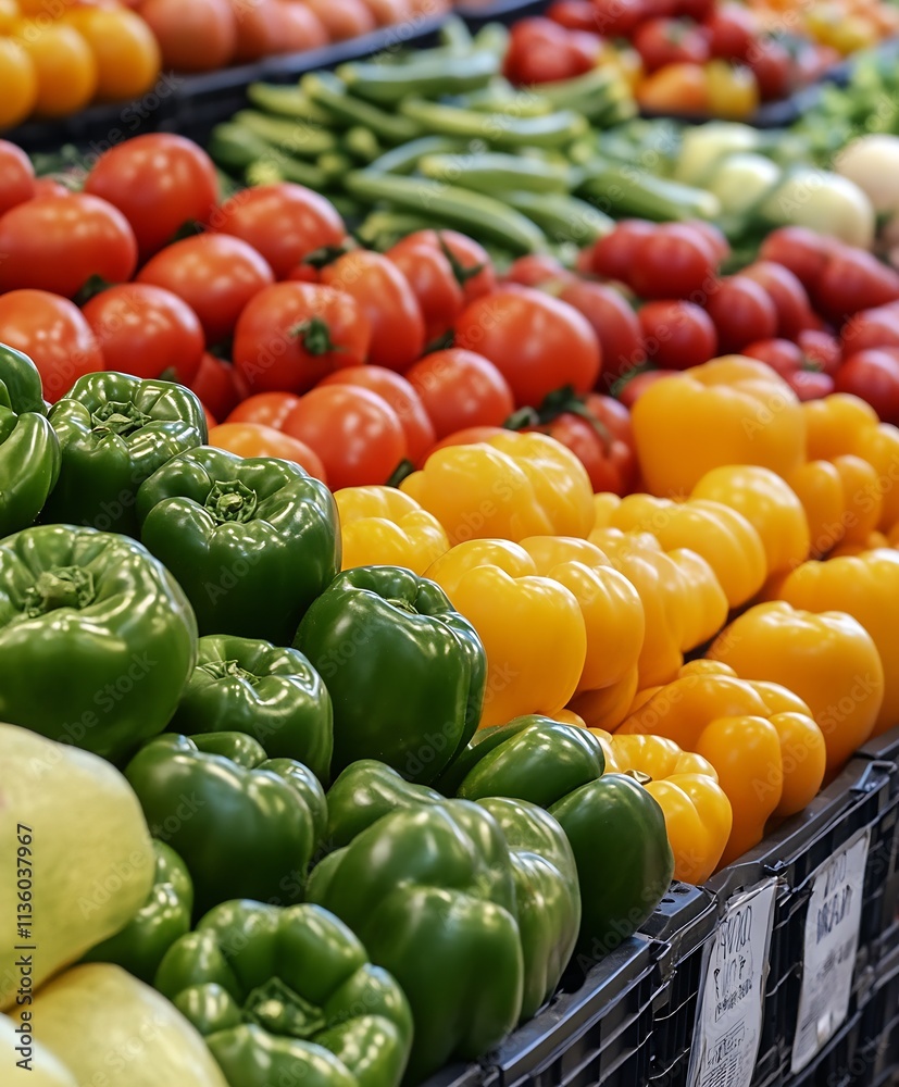 Vibrant display of fresh vegetables at a farmer's market including peppers and tomatoes : Generative AI