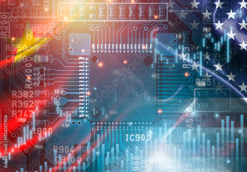 Double double exposure of USA flag and China flag with Electronic Microchip with stock market graph chart for Chip war between United States of America and China concept. photo