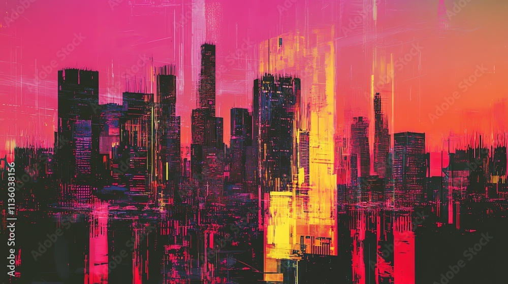 Fototapeta premium A digital art cityscape at sunset with a mix of neon pink and blue hues. The city reflects in the rippling water.