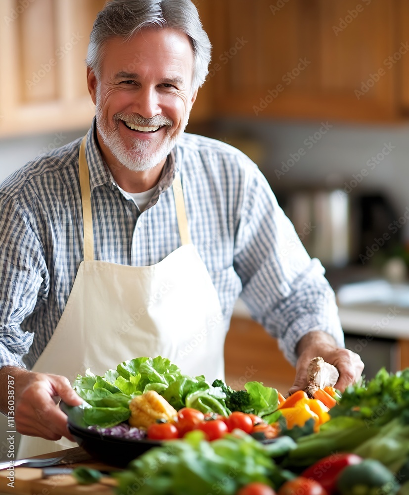 Senior chef preparing healthy vegetarian dishes with fresh vegetables in a cozy home kitchen : Generative AI