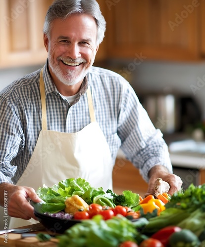 Obraz na płótnie Senior chef preparing healthy vegetarian dishes with fresh vegetables in a cozy home kitchen : Generative AI w salonie