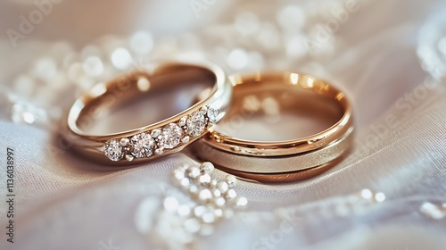 Elegant gold wedding rings on satin fabric with sparkling diamonds and soft light : Generative AI