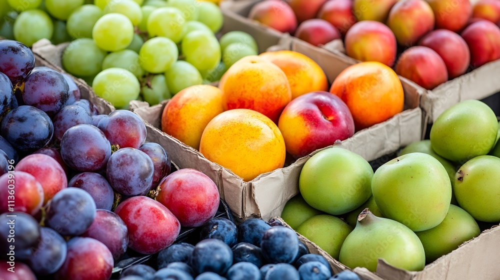 Colorful Summer Fruits In Wooden Box Display At Local Farmers Market Stand : Generative AI Colorful Summer Fruits In Wooden Box Display At Local Farmers Market Stand : Generative AI
