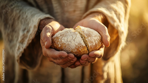 Capturing the essence of hope with Jesus Christ holding broken bread in a radiant light