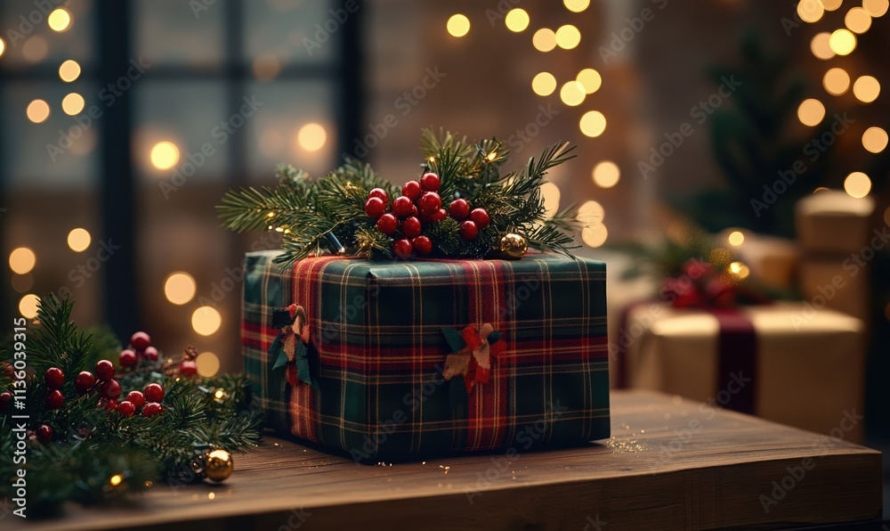 Festive Christmas gift wrapped in plaid paper with a red ribbon, decorated with holly and pine branches, glowing bokeh lights in the background. Festive Christmas gift wrapped in plaid paper with a red ribbon, decorated with holly and pine branches, glowing bokeh lights in the background.