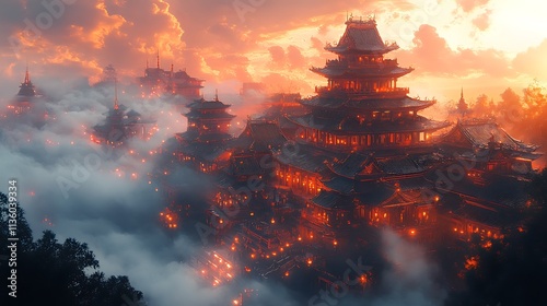 Illuminated Asian Temple Complex Amidst Sunset Clouds