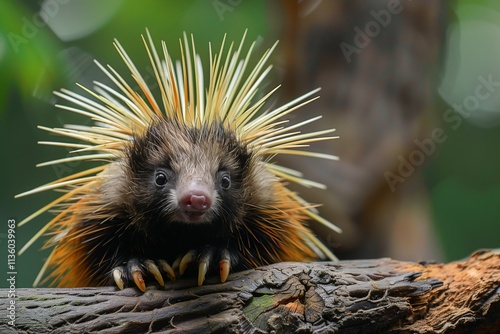A close-up of a porcupine displaying its unique quills and adorable face in nature.