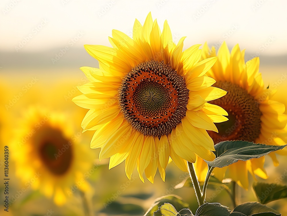 Obraz premium Golden Sunflowers in Sunlit Field with Bright Blue Sky in Background : Generative AI