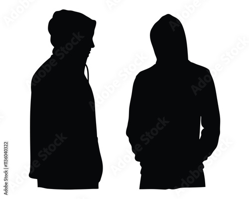 Two person wearing hoodie vector silhouette illustration