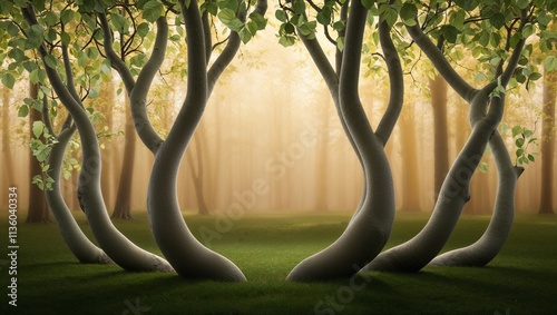 Curved tree trunks against a misty forest backdrop