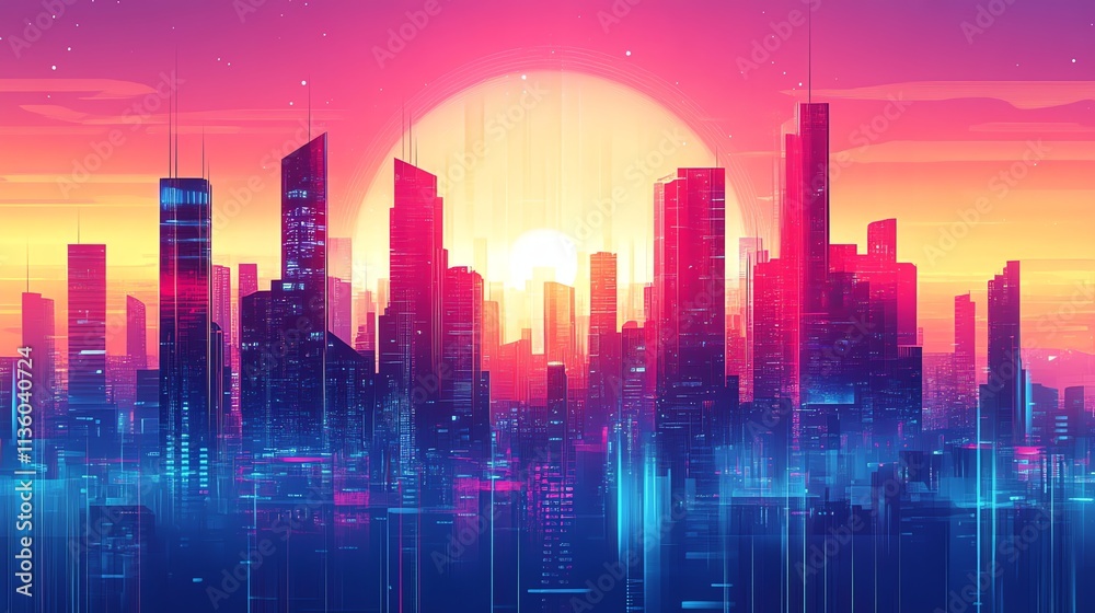 A digital art cityscape with a sunset and neon lights. A digital art cityscape with a sunset and neon lights.