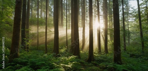 A sunbeam piercing through a dense forest, creating a magical atmosphere