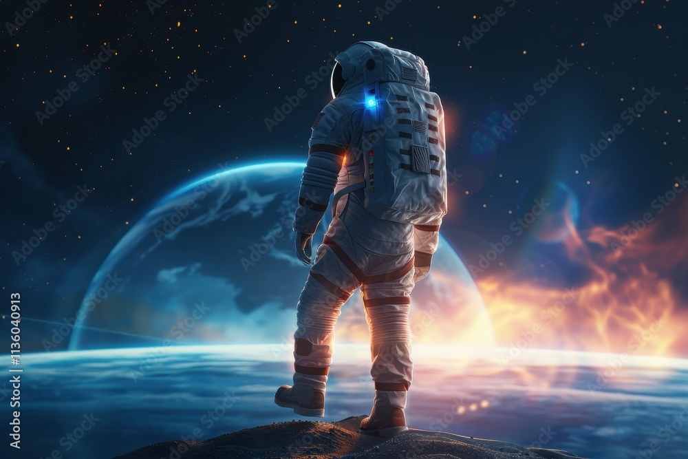 An astronaut stands on a distant planet, gazing at Earth amid a cosmic backdrop of stars and swirling colors. An astronaut stands on a distant planet, gazing at Earth amid a cosmic backdrop of stars and swirling colors.