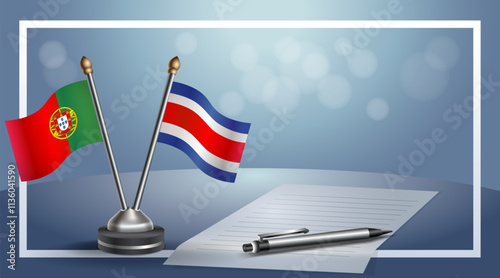 Portugal and Costa Rica National flags on small table with bokeh background, cooperative relationship