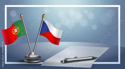 Portugal and Czech Republic National flags on small table with bokeh background, cooperative relationship