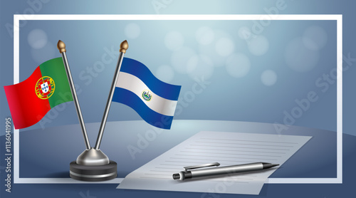 Portugal and El Salvador National flags on small table with bokeh background, cooperative relationship