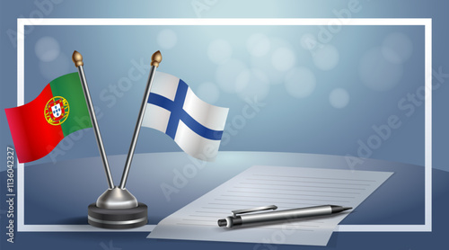 Portugal and Finland National flags on small table with bokeh background, cooperative relationship