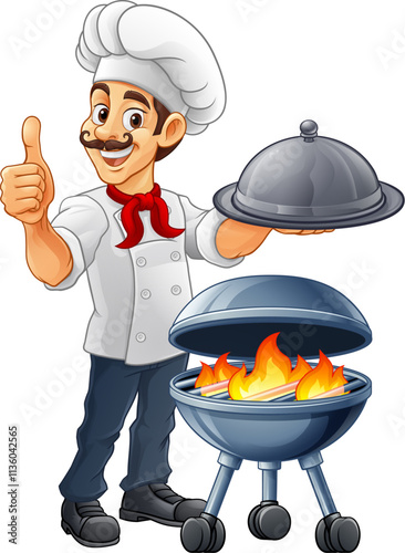 A chef cartoon barbecue cook out brazier BBQ man giving thumbs up and holding a platter plate with cloche mascot character illustration