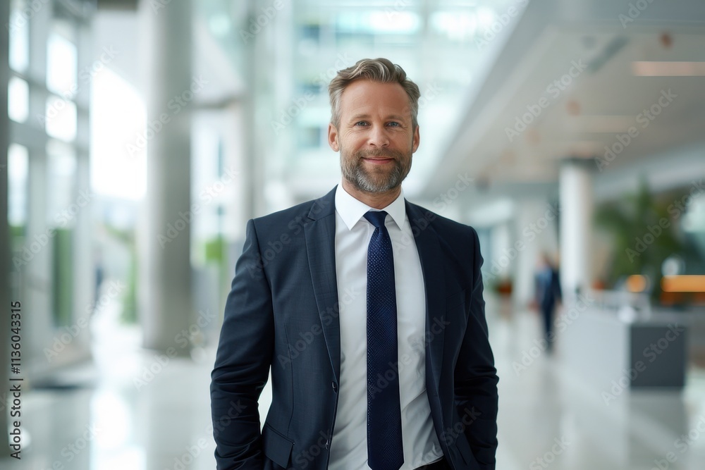 A professional man in a suit smiles confidently in a modern office setting with bright, open spaces and contemporary decor. A professional man in a suit smiles confidently in a modern office setting with bright, open spaces and contemporary decor.