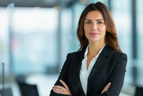 A confident businesswoman poses in a modern office environment, showcasing professionalism and poise.