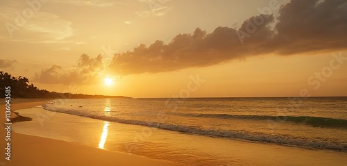 A tranquil beach, with soft, golden sand and gentle waves lapping at the shore, under a colorful sunset