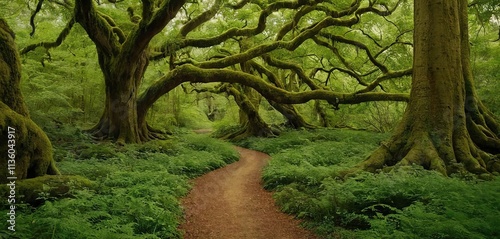 A tranquil forest path winding through a dense canopy of ancient trees