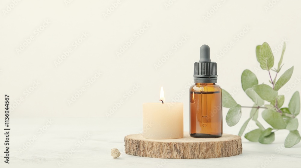 A calming lifestyle scene featuring an essential oil bottle and a lit candle on a wooden slice with greenery accents. A calming lifestyle scene featuring an essential oil bottle and a lit candle on a wooden slice with greenery accents.