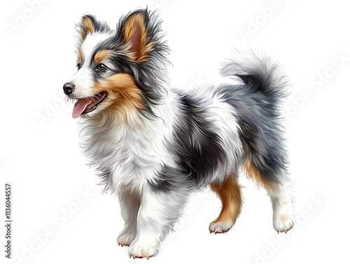 Playful shetland sheepdog in vibrant garden setting captured in dynamic portrait style
