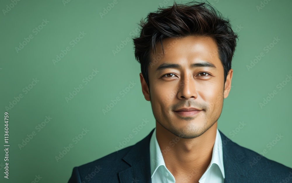 Asian man with a smile on his face is wearing a suit and a shirt in studio color background Asian man with a smile on his face is wearing a suit and a shirt in studio color background